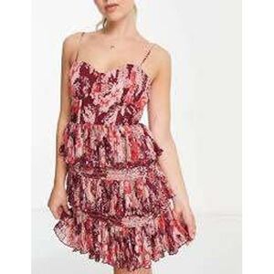 ASOS Pink Red Floral Sleeveless Sequin Ruffle Tiered Mini Dress SZ 2 Party